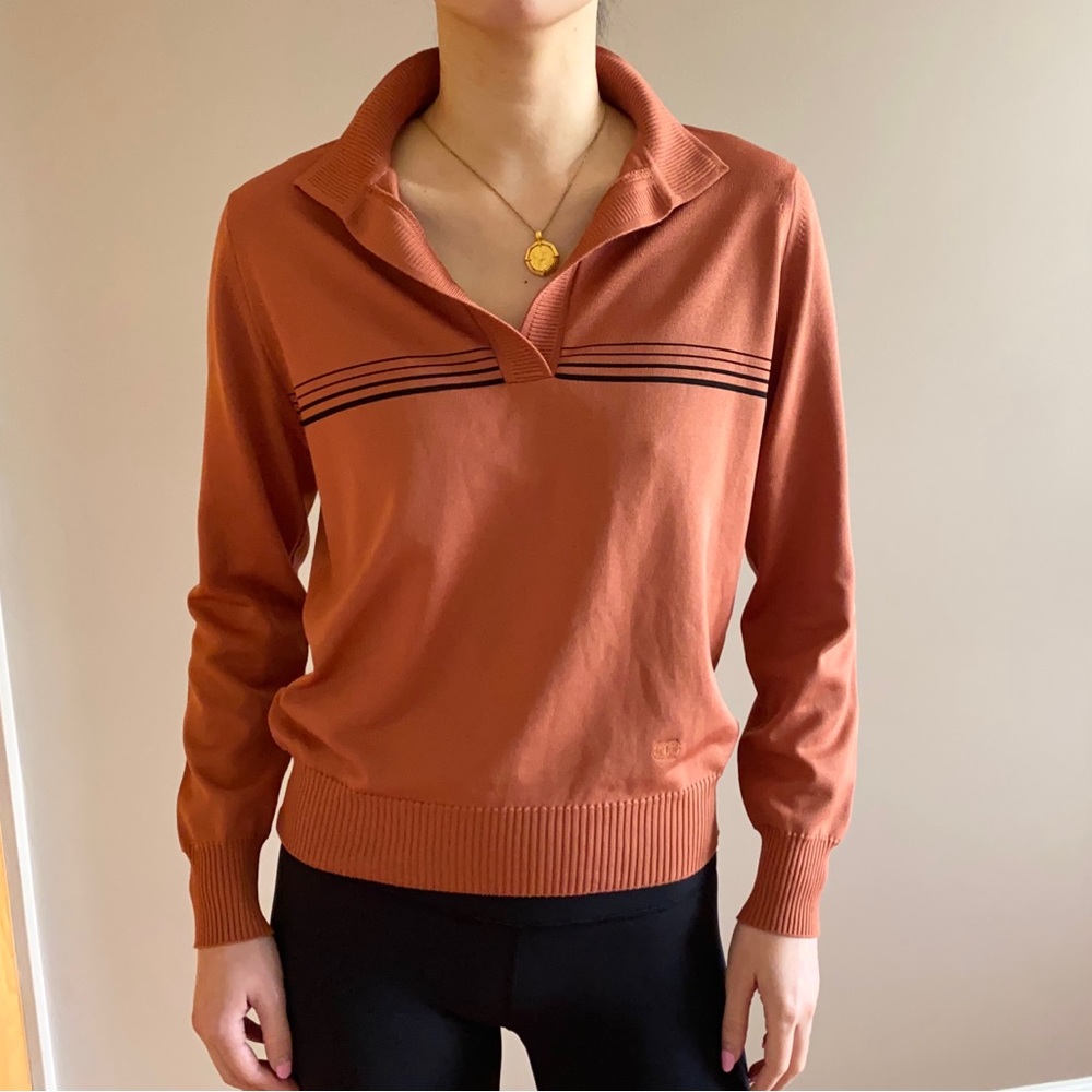 Givenchy Rust Orange Collared Scoop Neck Sweater with Black Stripes